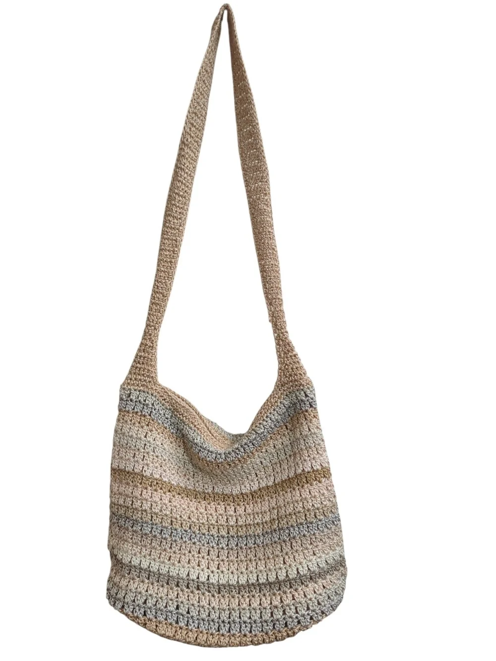 The Sak Crochet Hobo Shoulder Bag Neutral Striped Knit Boho Slouch Crossbody